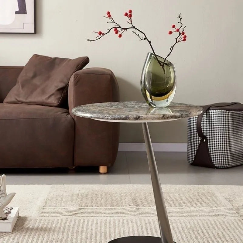 Round Marble Side Table with Metal Leg, Modern Stone Top End Table, Minimalist Single Pedestal Accent Table for Living Room