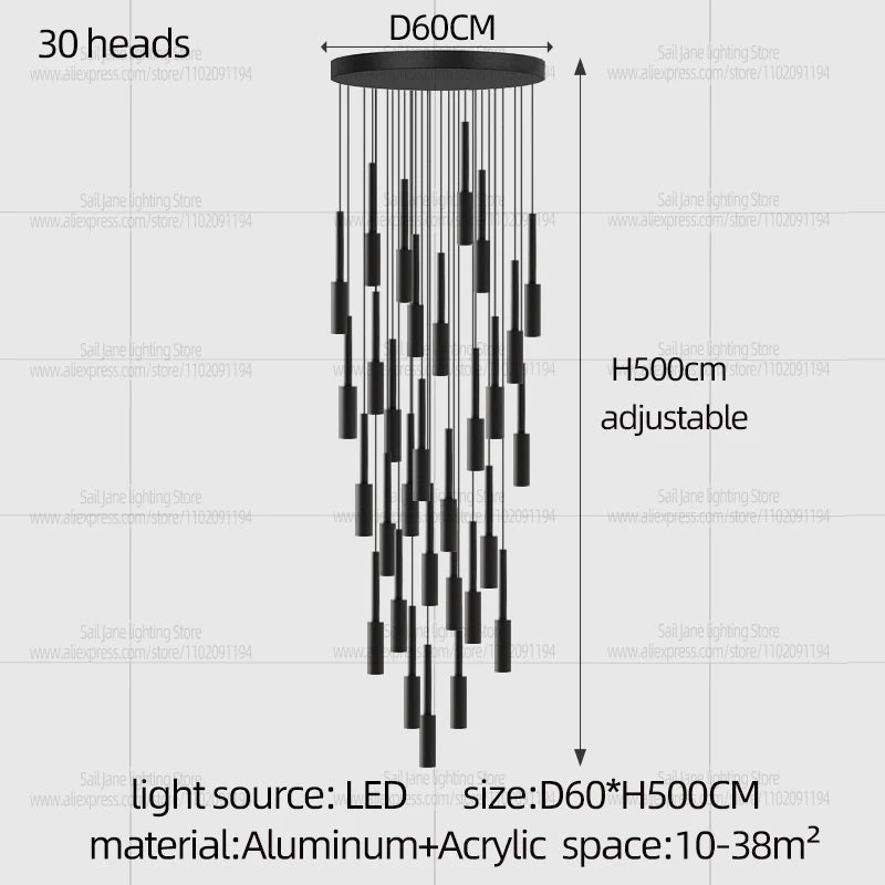 Cylindrical Pendant Light Long Line Attic Chandelier - Modern LED Villa Spotlight