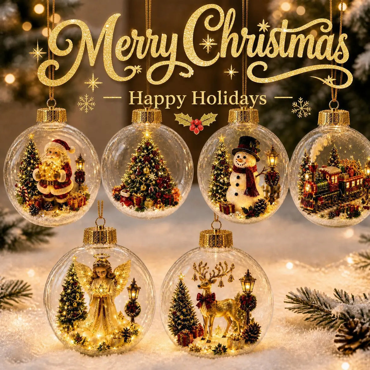 Acrylic Christmas Bell Ornament Decoration 3D Snow Globe Santa Snowman Ball Hanging Xmas Tree Pendant Christmas Party Decoration