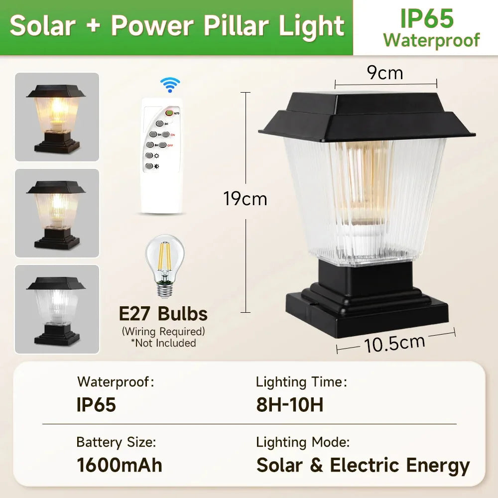 Outdoor LED Solar Pillar Light - Waterproof Dual-Power Fence Post Lamp