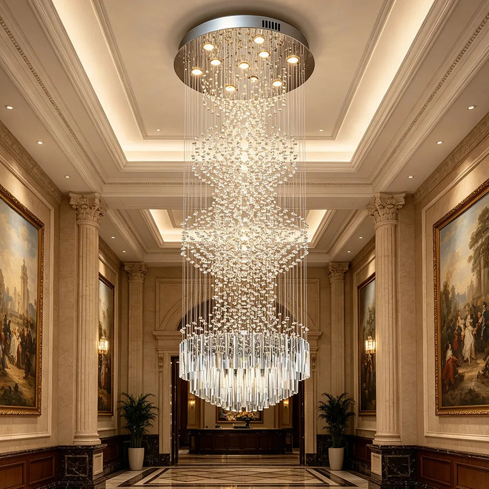 Modern Long Crystal Chandelier Flush Mount Ceiling Light for Duplex Villa Staircase Hotel Lobby Decoration