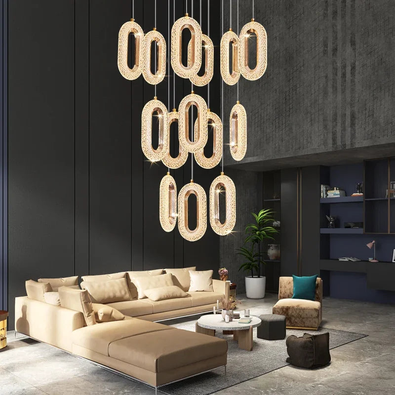 Modern Rings LED Chandeliers For Staircase Luxury Long Hanging pendant Lamps Gold Creative Indoor Attic Lighting Lustre Fixtures