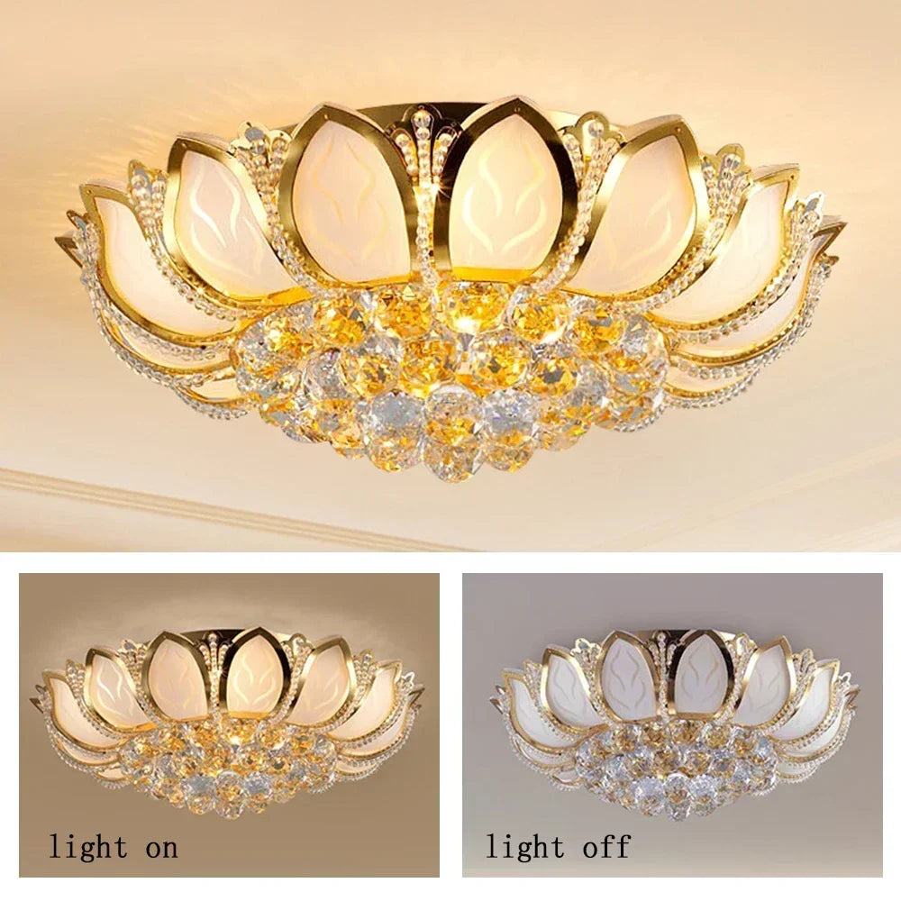 23.5" Flower Shaped Crystal Chandelier, E12 110V Gold Crystal Ceiling Lamp Modern Chandelier Hanging Lamp Flush Mount NEW