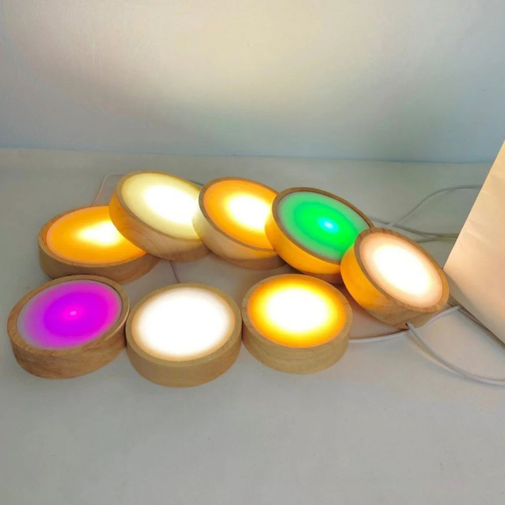 USB Plug Wooden Led Lamp Holder Round Display Stand Lamp Holder Crystal Art Ornament Luminous Base Ambient Lamp Night Light