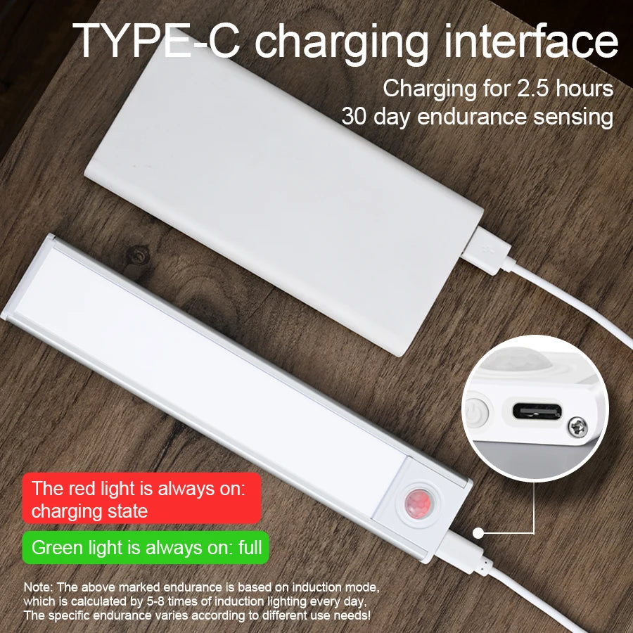 Night Light 20/30/40/60cm Ultra thin LED Light Cabinet Light Motion Sensor Wireless type-c For Kitchen bedroom Wardrobe lighting