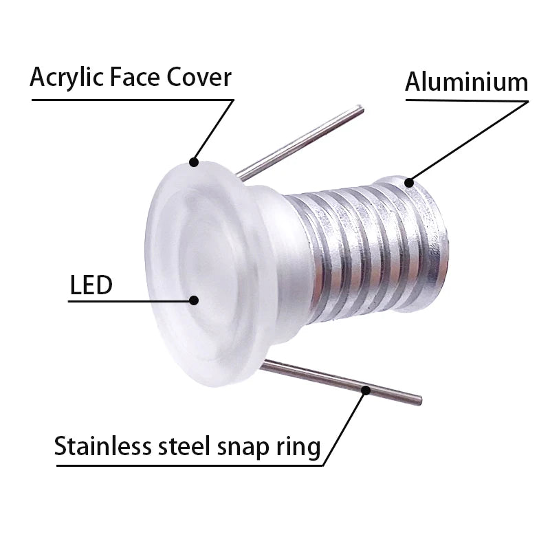 Mini IP65 Waterproof Acrylic LED Spotlight (0.5W / 1W, DC 12V) - Micro Recessed Downlight for Ceiling, Cabinets, Stairs & Display