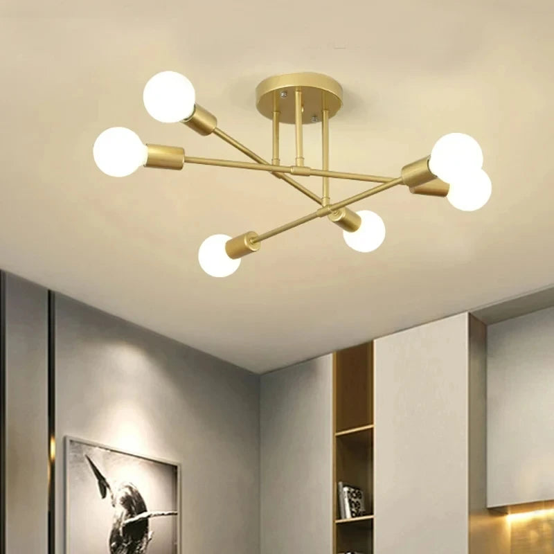 Modern Sputnik Chandelier Nordic Semi Flush Mount Ceiling Lamp Brushed Antique Gold Home Decor Lighting Fixture