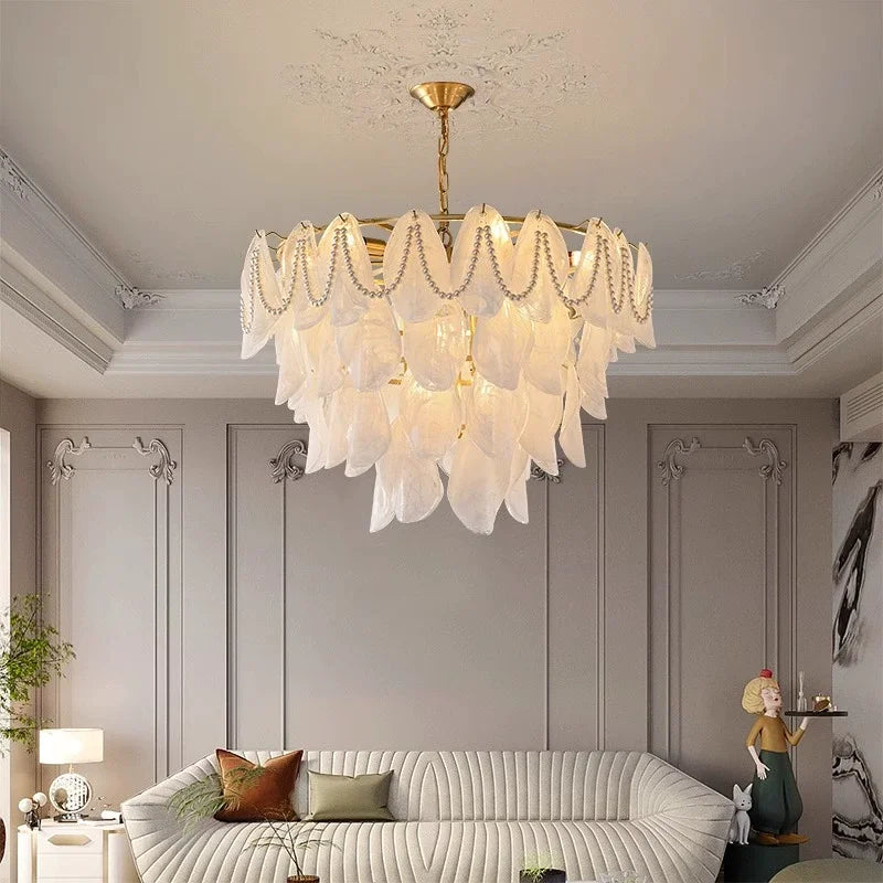 Luxury Glass Chandelier with Pearl Accents - Modern Ceiling Pendant Light Fixture for Living Room, Dining Room & Bedroom