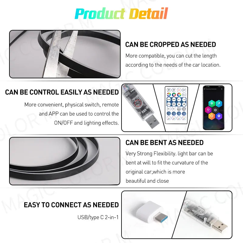 Universal Car Ambient Lights LED Interior RGB Symphony Atmosphere Lamp USB APP Control Remote