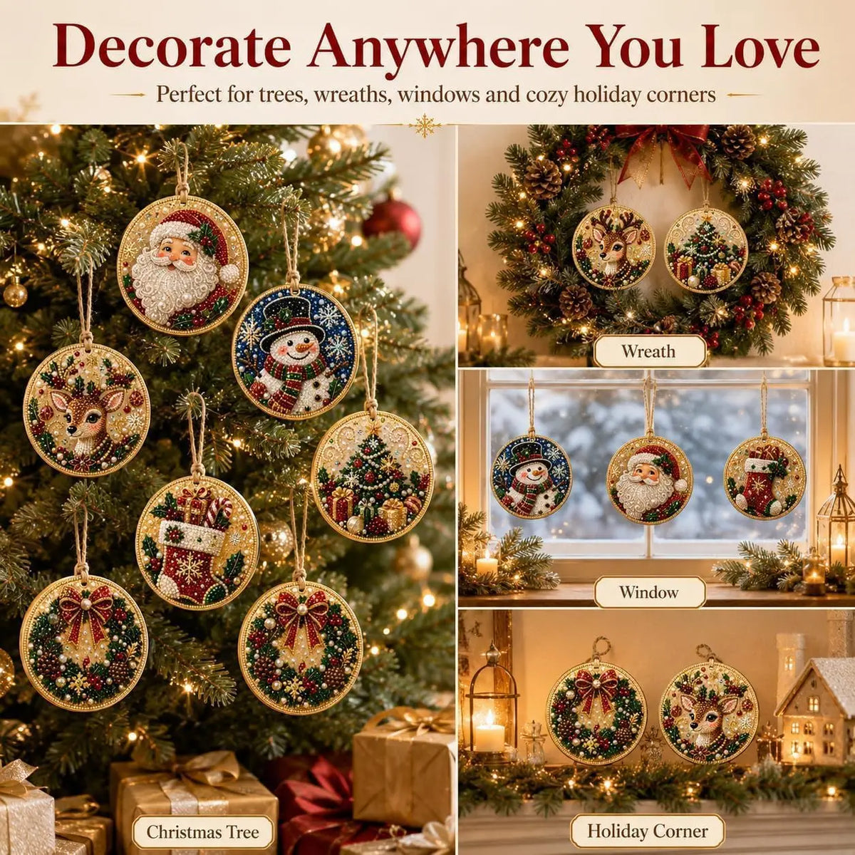6Pcs Wooden Christmas Decoration DIY Pearl Art Kits for Adults, Xmas Tree Crafts Hanging Ornament Kit with Beads, Gems & Twine