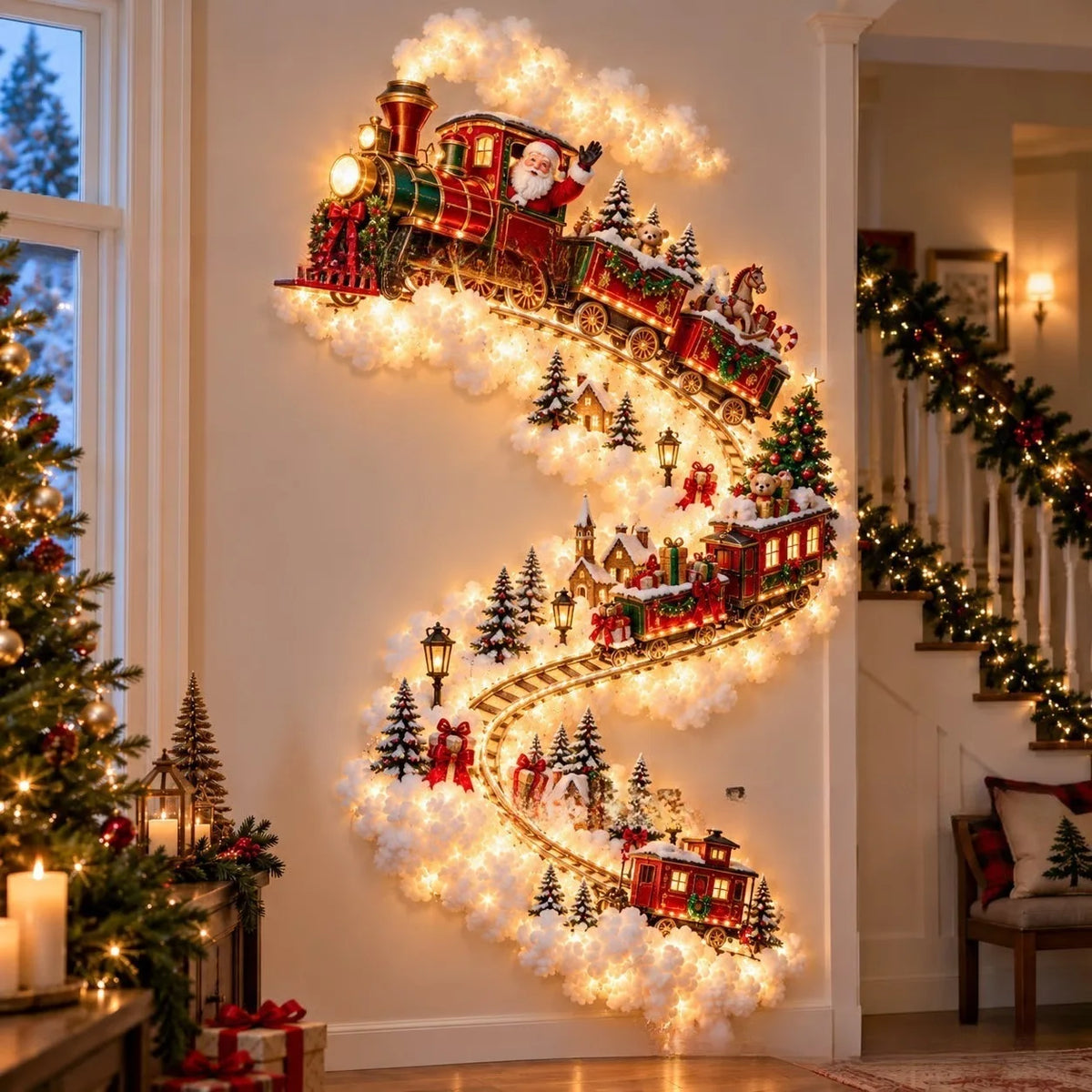 2027 Christmas Magic Trail Wall Light-LED Glowing Xmas Scene Wall Decoration,Santa Sleigh Reindeer Hanging Decor for New Year Pa