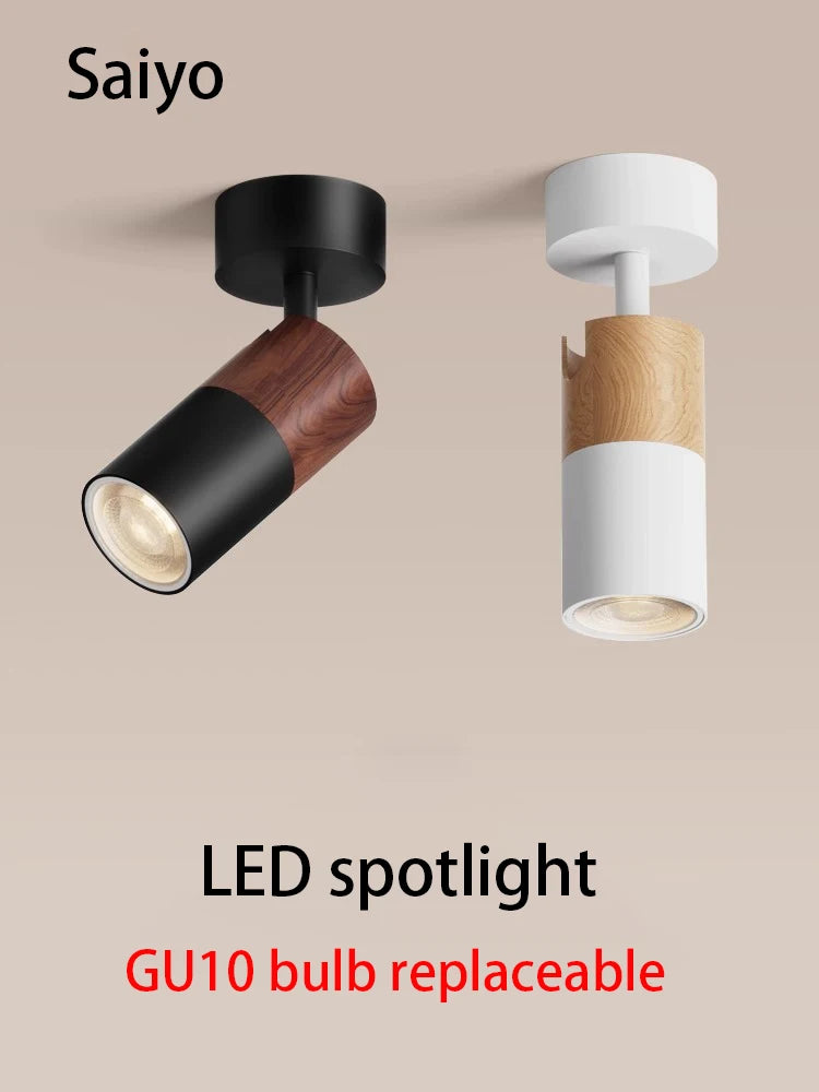 Led Spotlights GU10 Bulb Replaceable Spot Light Walnut Log Wood Color Surface Mounted Ceiling Lamp Adjustable Angle COB 110V 220
