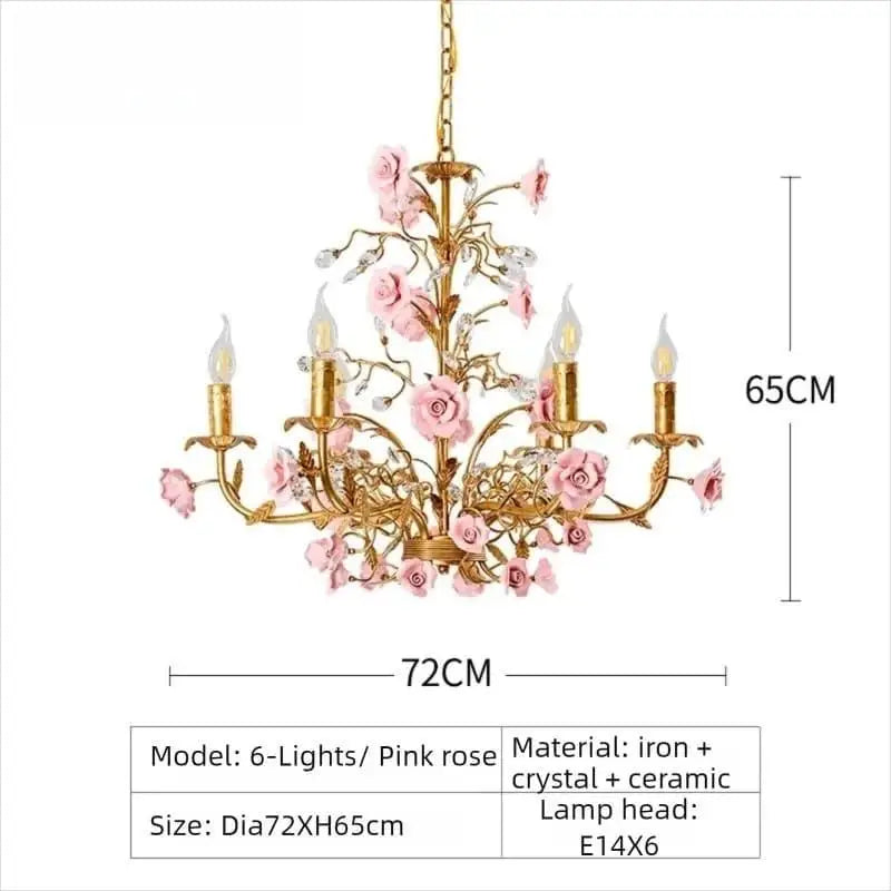 Pink Red Ceramic Rose Chandelier Luxury French Gold 5 Lights Chandelier Bedroom Lighting 6/8/10 Living Room Hanging Lights