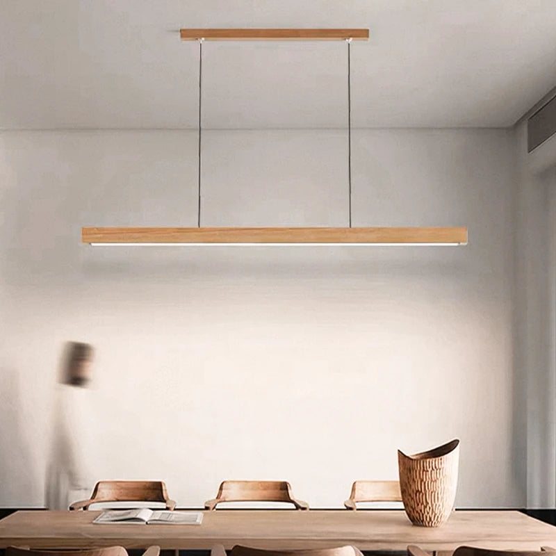 LED Pendant Light Dining Table Lamp Wood Long Strip Suspension Chandelier for Living Dining Room Lighting Fixture