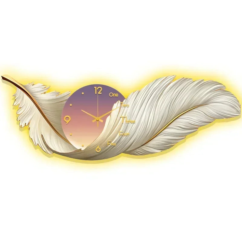 LED Wall Clock Light Luxury Large Art Clocks Living Room Decors Painting Wall Watch Feather Silent Clock Renog Home Decoration