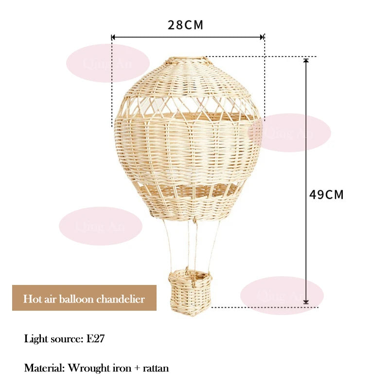 Handmade Rattan Hot Air Balloon Chandelier - LED Nursery Light for Baby Room