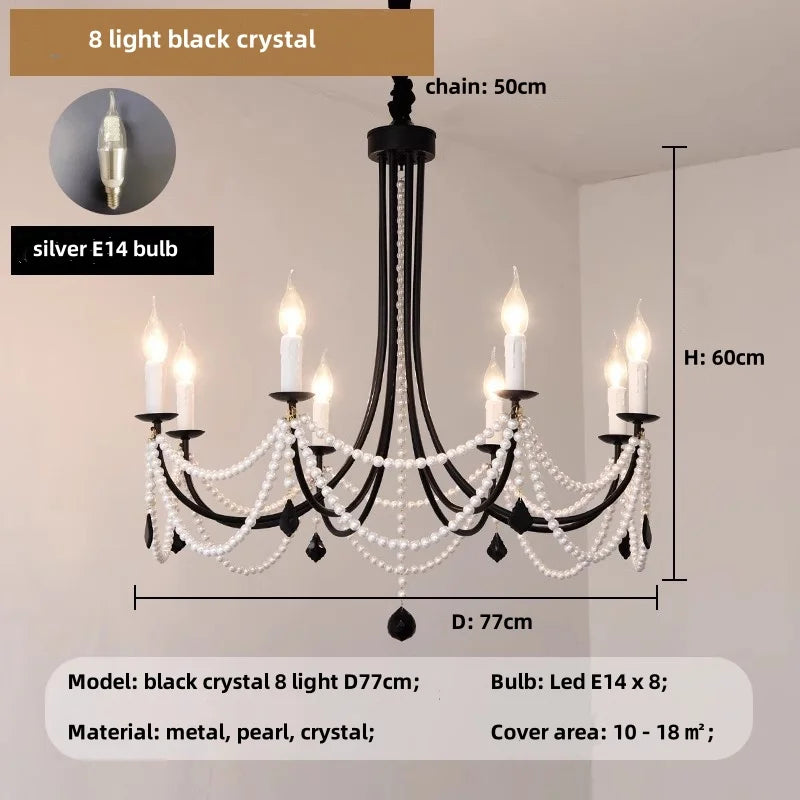 American Retro Candle Chandelier Living Room Black Metal E14 Led Pendant Lights Home Decor Pearl Led Lamparas Hanging Lamp