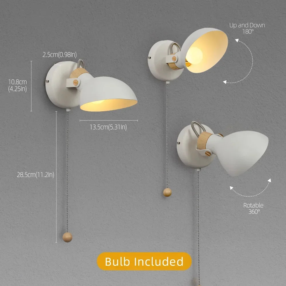 LED Bedside Wall Light with Pull Chain - Replaceable E14 Matte Metal Lamp
