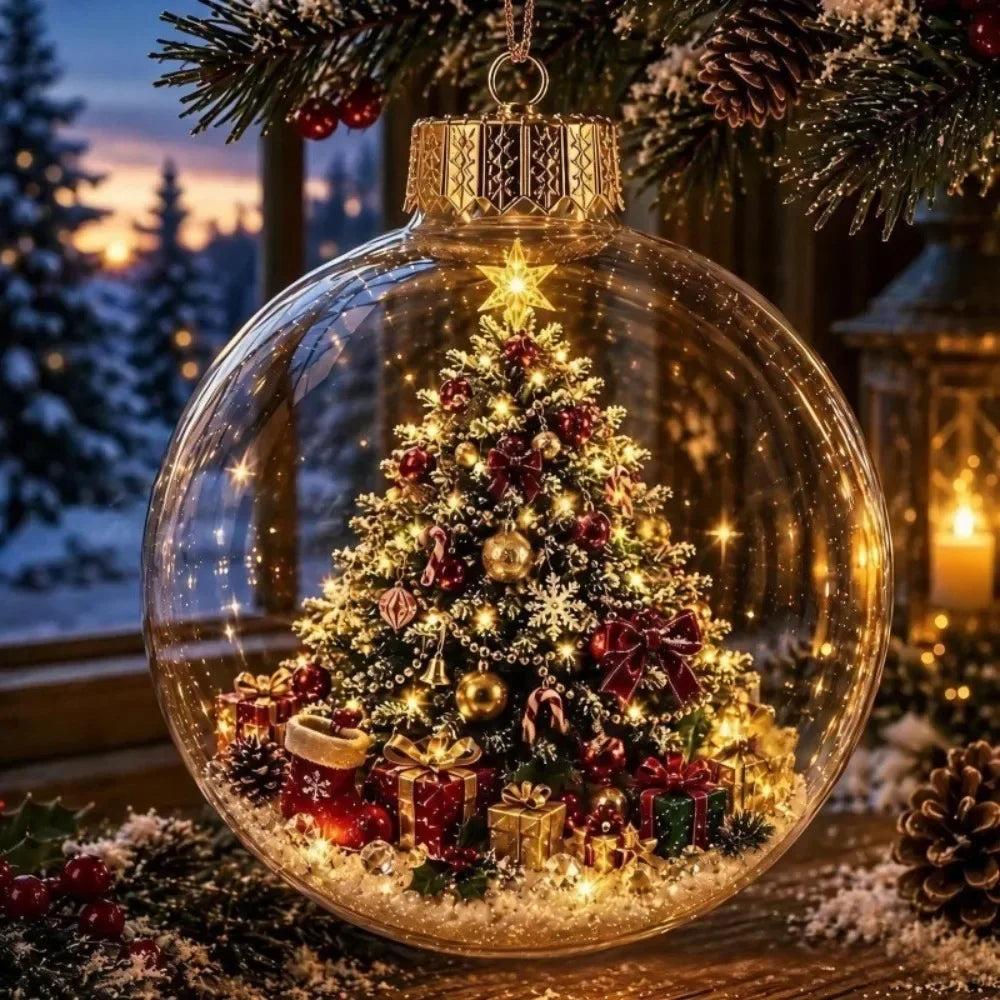 1pc 8CM Size Acrylic Material Christmas Ball Ornament Transparent Design with Light Santa Claus Pendant Hanging Christmas Decor