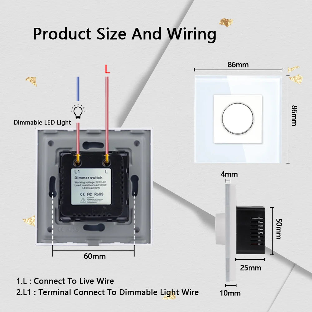 Dimmer Light Switch Rotary Knob Glass Frame Panel Mechanical LED Dimmable Switch Wall Mounted Switches EU Russia Switches