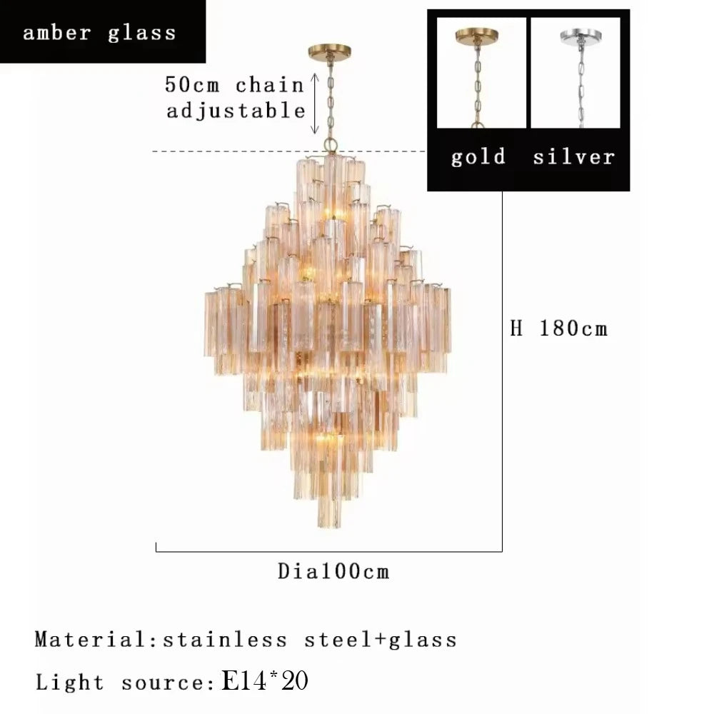 Crystorama Addis Polished Chrome Murano Glass Chandelier - Modern Luxury Pendant Light Fixture for Villa Staircase, Living Room & Hotel