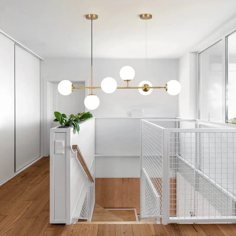 Modern Globe Linear Chandelier 6 Light Milk Glass Chandeliers Pendant Light Fixture Mid Century Sputnik Island Lights
