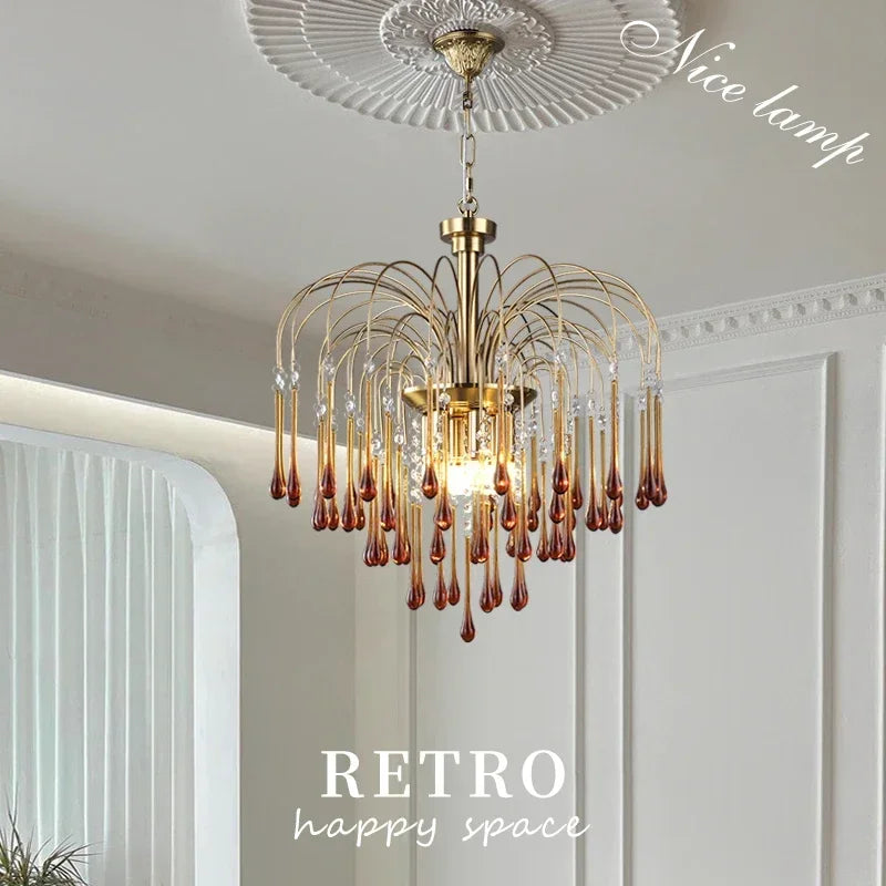 Artpad Retro French Branch Colorful Crystal Chandeliers for Living Room Romantic Raindrop Coloful Crystal Hanging Pendant Light