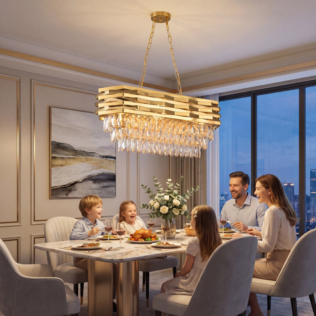 Modern Luxury Gold Crystal Chandelier K9, 8-Light Adjustable Chain Rectangular Ceiling Light Fixture for Dining Room/Living Room
