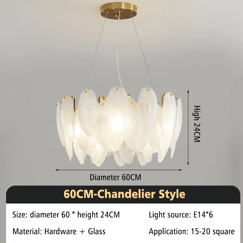Modern Luxury Glass Feather Chandelier Lighting Lustre Suspension Luminaire Lamp for Living Dining Bedroom Kitchen Home Decor