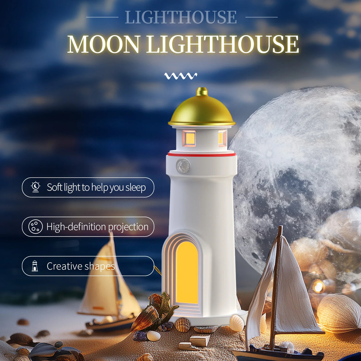 Lighthouse Lamp, Projection Lighthouse Lamp, Rechargeable LED Lighthouse, Moon Projection Lighthouse Lamp with Wireless Portable