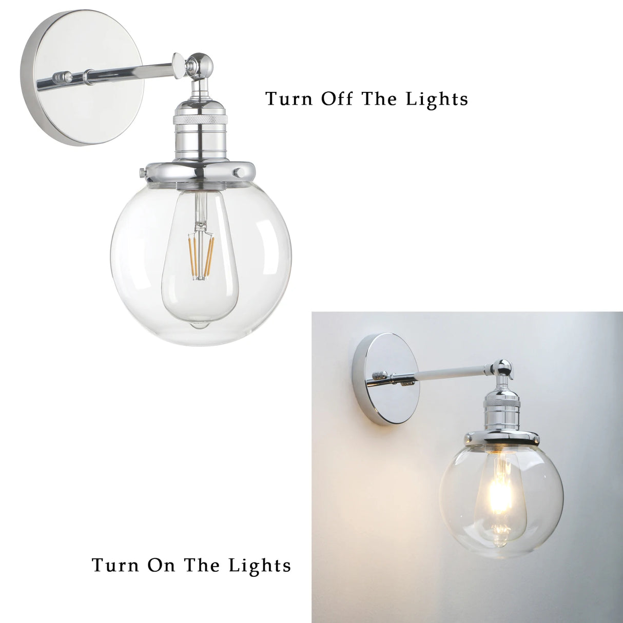 Vintage Industrial Wall Sconce Lighting Fixture with Mini 5.9" Round Clear Glass Globe Hand Blown Shade