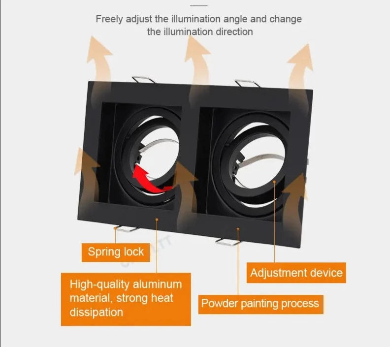 Commercial Zinc Alloy Square White Black Adjustable Recessed Spotlights Light Fixture Frame LED GU10 MR16 Bulb Lamp Fittings