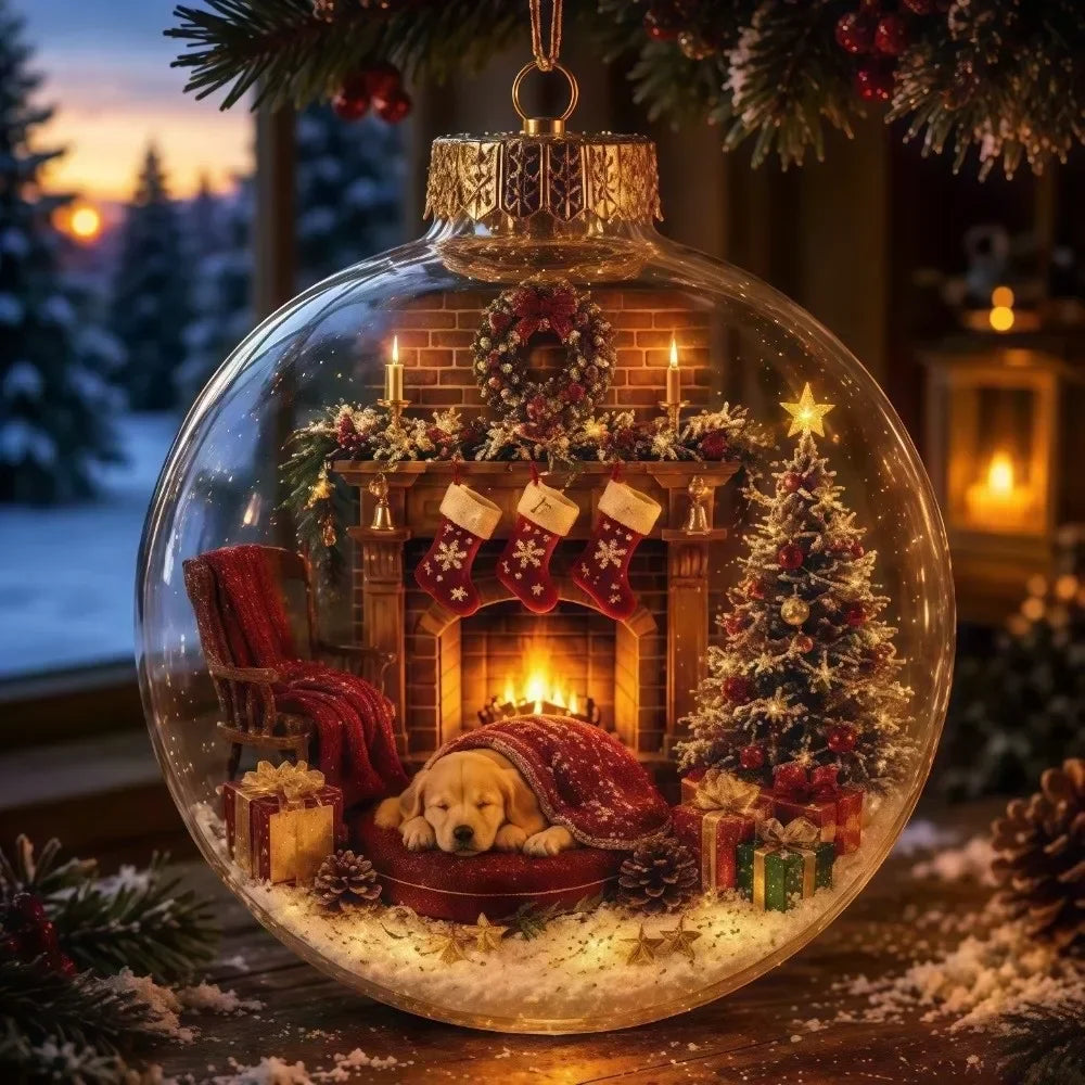 1pc 8CM Size Acrylic Material Christmas Ball Ornament Transparent Design with Light Santa Claus Pendant Hanging Christmas Decor