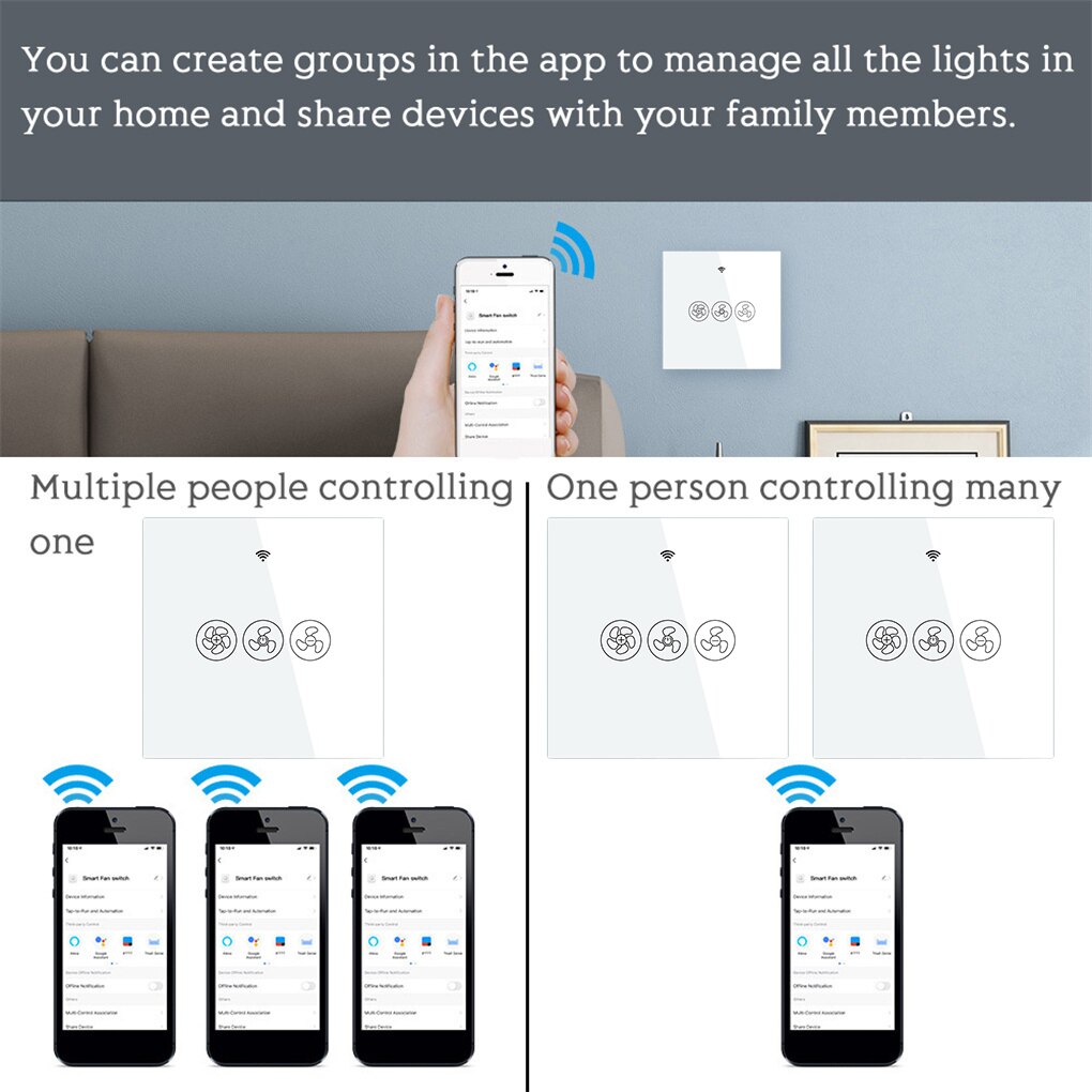 Ceiling Fan Smart Switch WiFi Fan Controller Phone App Voice Remote Control Plastic Switch EU