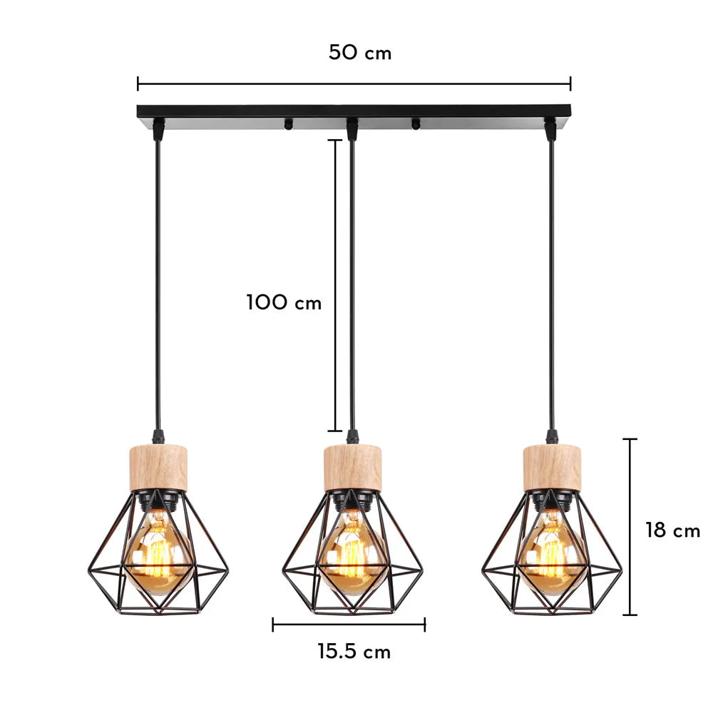 3-Heads Dining Table Chandelier Iron Wooden Lampshade Hanging Lamp for Kitchen Island Bedroom Modern Suspension Pendant Lighting