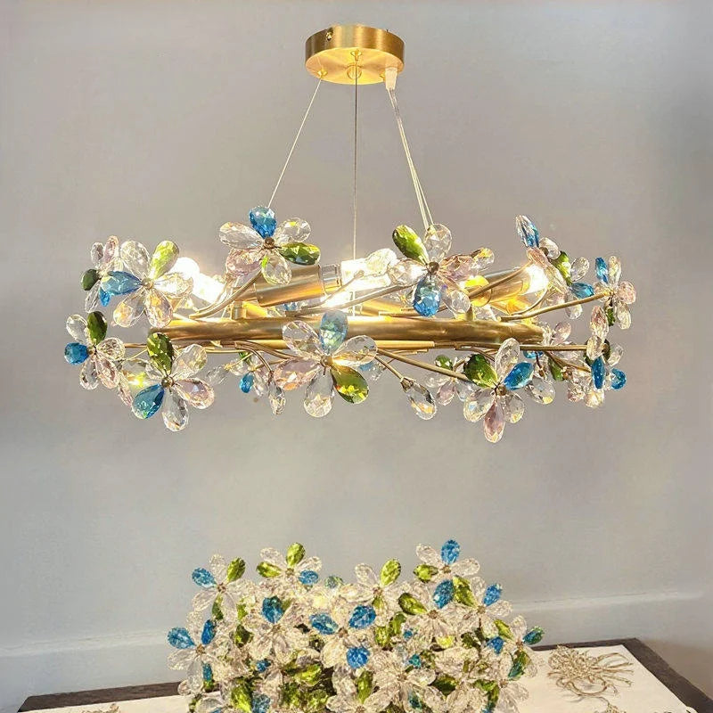 French Colored Crystal Flower Pendant Light Living Room Dining Room Bedroom Daughter's Room Low Floor Light Ceiling Chandelier