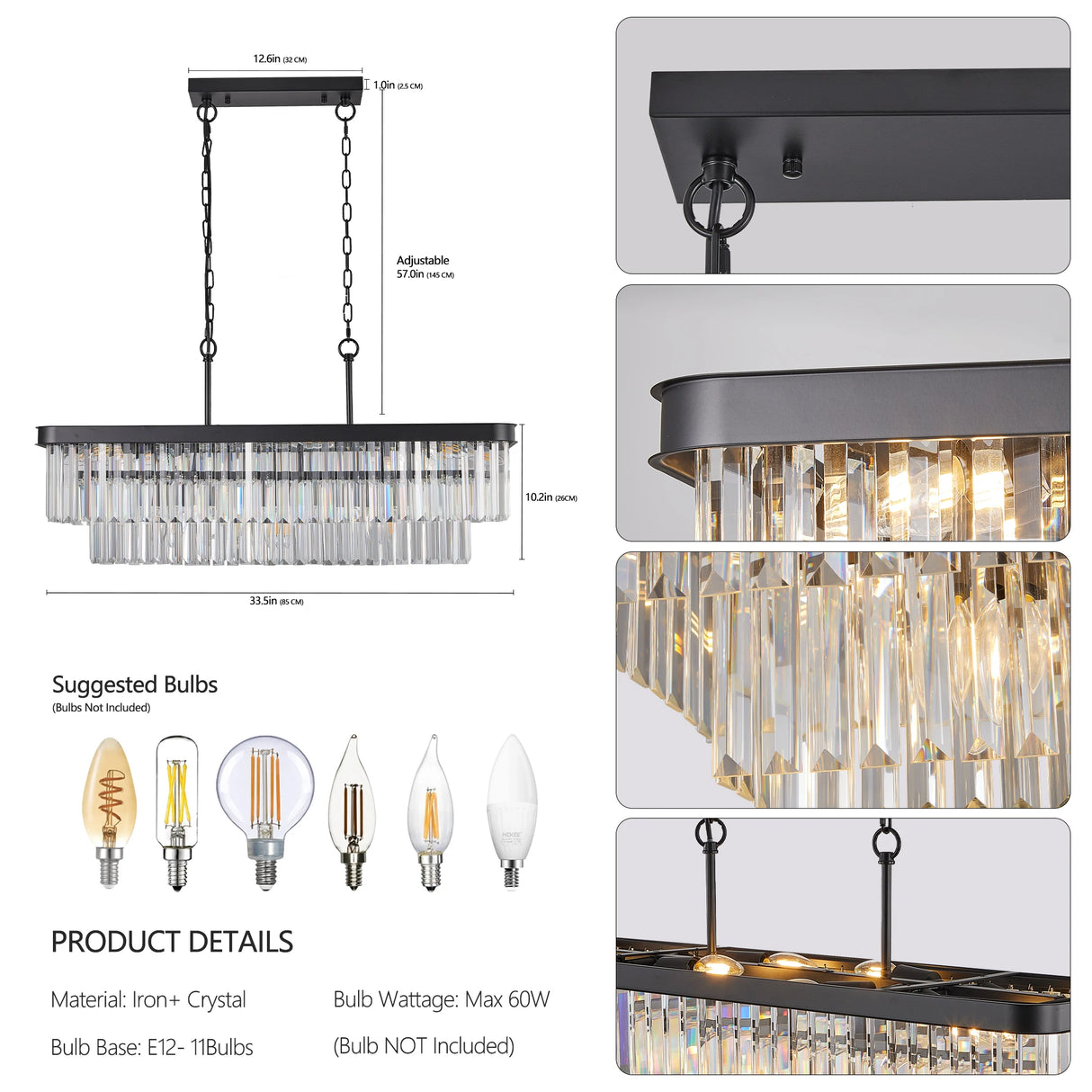 33.5 Inch ceiling lamp,Rectangular Black Crystal Chandelier Adjustable,E12 Modern Industrial Crystal Lights (Bulb Not Included)