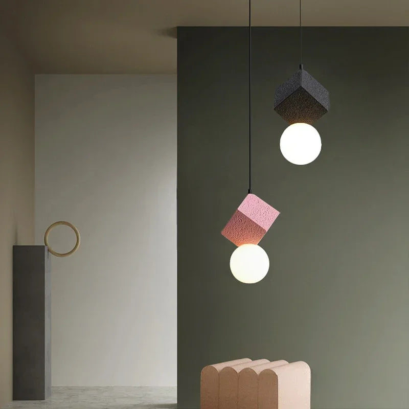 Modern Minimalist Resin Honeycomb Stone Design LED Warm White Light Single Bedside Dining Pendant Lamp Glass Ball Pink Fixture