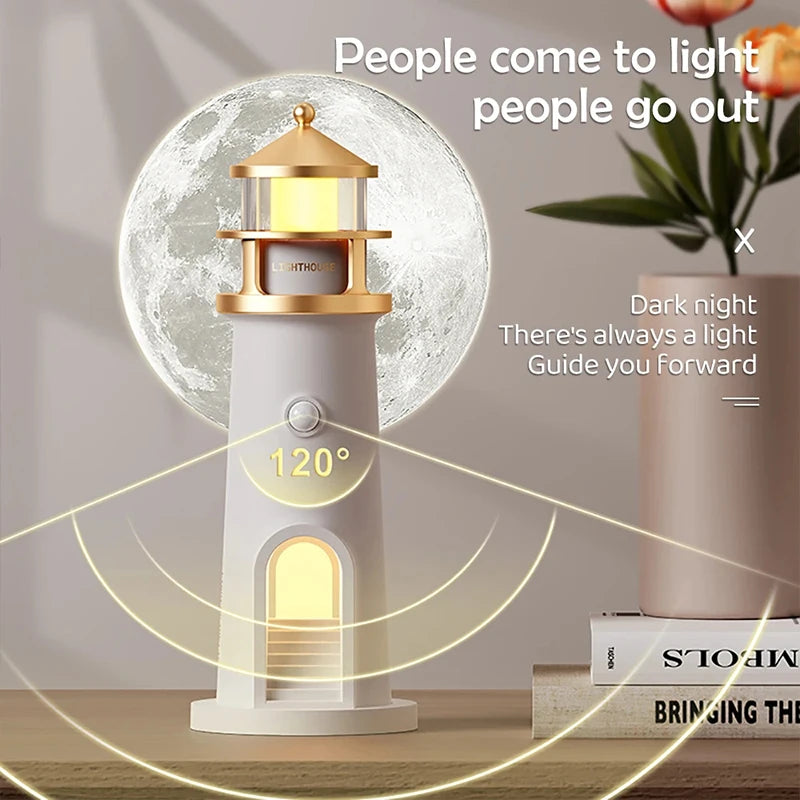 Lighthouse Ambient Night Light with Moon Projection - Bluetooth Speaker & Motion Sensor