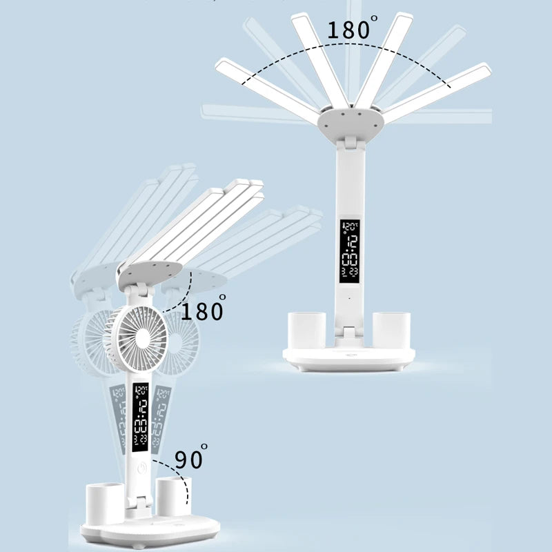 3In1 Multifunctional Desk Lamp LED Desk Lamp Four-Head Folding With Fan Calendar Clock USB Rechargeable Reading Office Desk Lamp