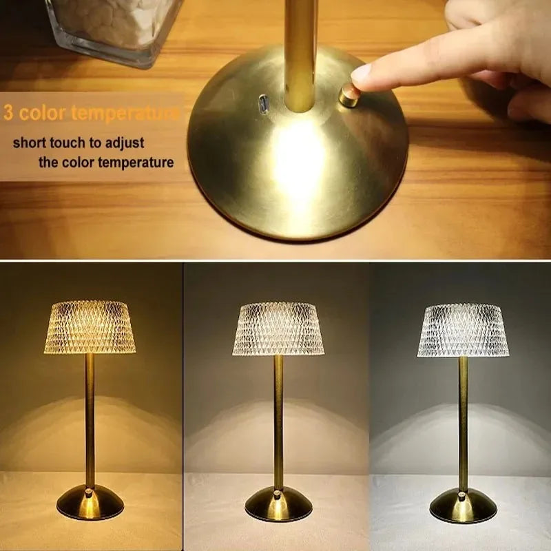 Classic LED Cordless Table Lamp USB Rechargeable Night Light Coffe Bar Touch Dimming Desk Lamp Bedroom Decor Crystal Table Lamps