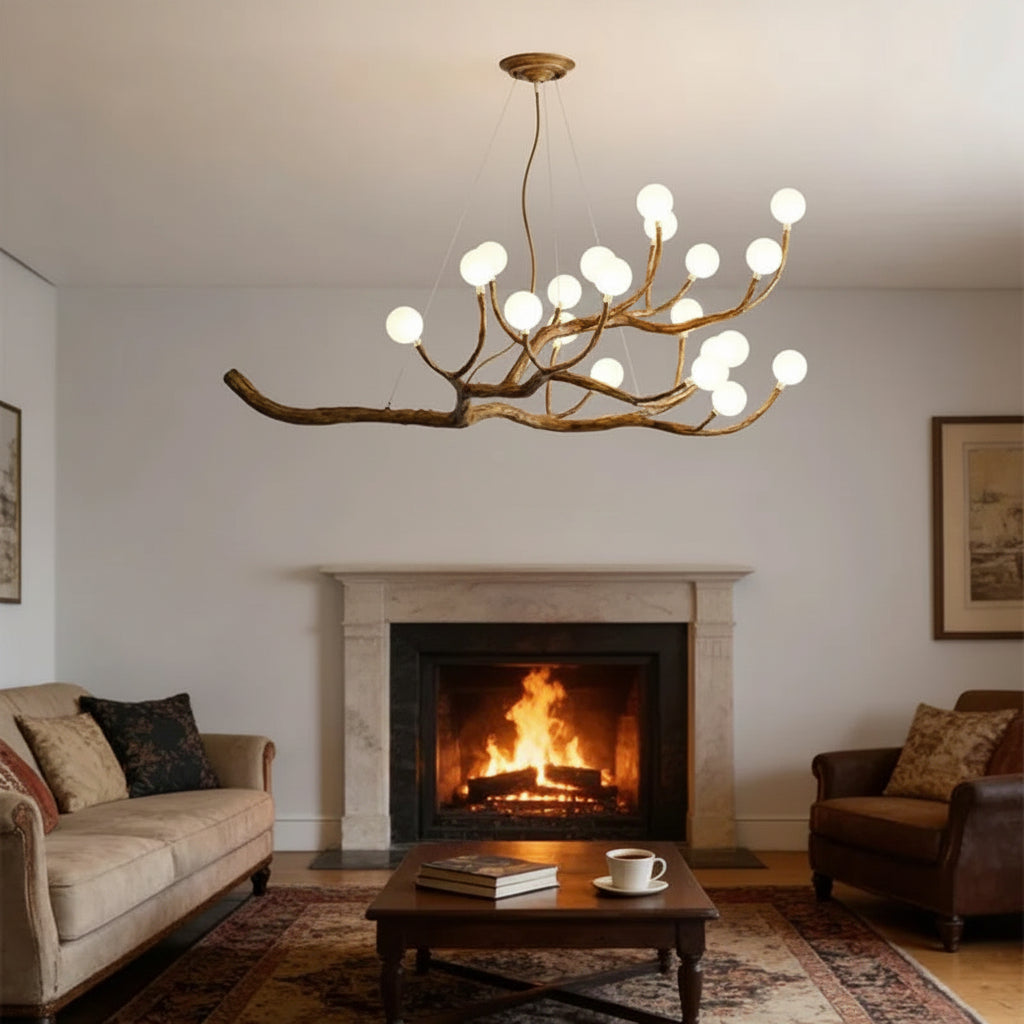 Retro Brown Antique LED Pendant - Art Branch Light with Frosted Lampshades