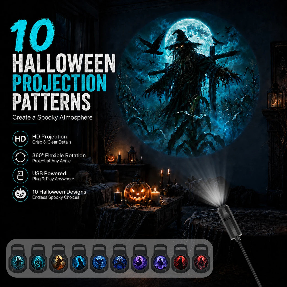 Halloween-Themed 10-Pattern Projection Ambient Night Light - Outdoor & Indoor Holiday Projector Lamp for Festive Home Decor
