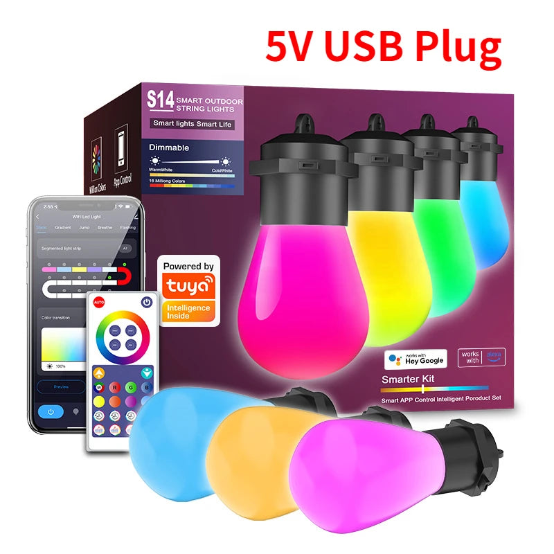 NEW 12M 20Bulbs Tuya WIFI LED String Light S14 USB Smart Bluetooth App Control LED Modules for IP67 Eave Lamp Garden Party Decor