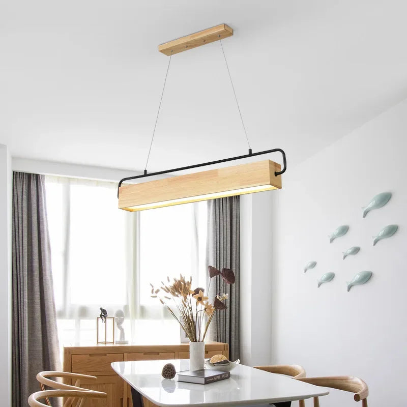 High-end Simple Nordic Style Wooden LED Pendant Light with Metal Pole for Indoor Lighting Decoration in Restaurants Cafes Bright