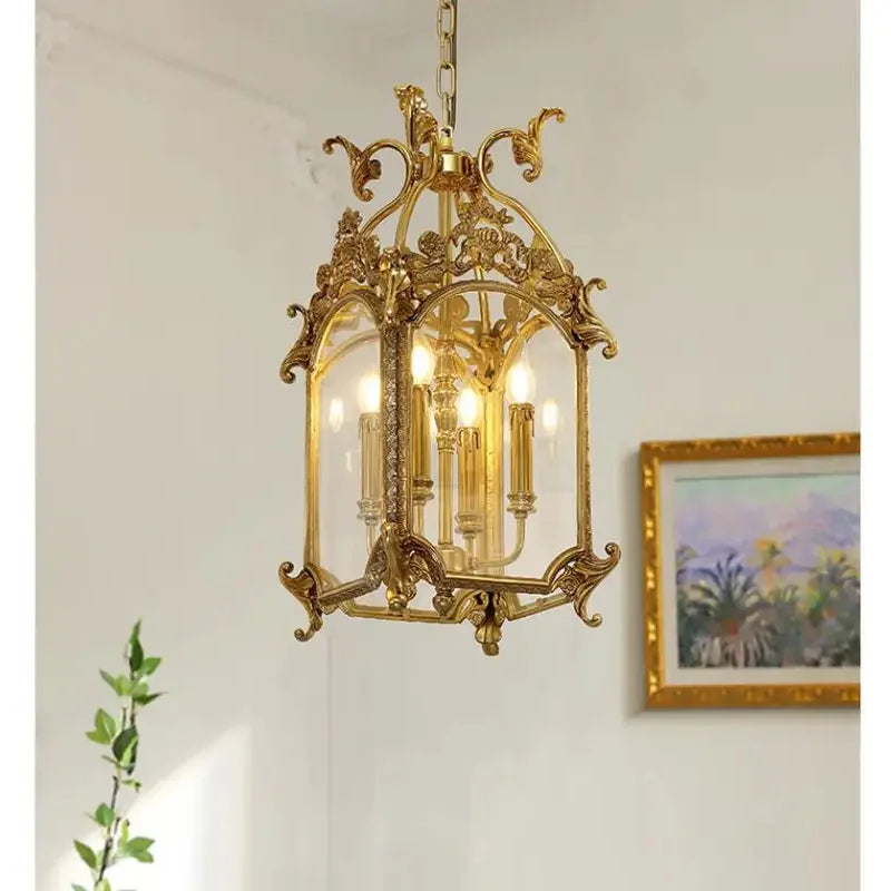 Luxury Copper Glass Corridor Aisle Restaurant Bar Shop Cylinder Solder Birdcage Chandelier Lamp D30cm H62cm Candle Hanging Light