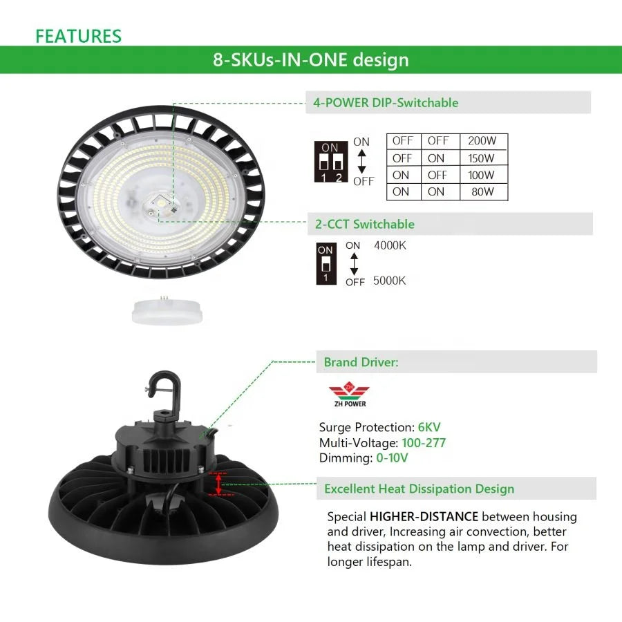 8-in-1 Power and CCT Switchable Economic 150lm/w Black LED Industrial High Bay Lighting for 5 years warranty