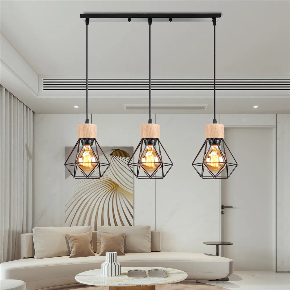 3-Heads Dining Table Chandelier Iron Wooden Lampshade Hanging Lamp for Kitchen Island Bedroom Modern Suspension Pendant Lighting