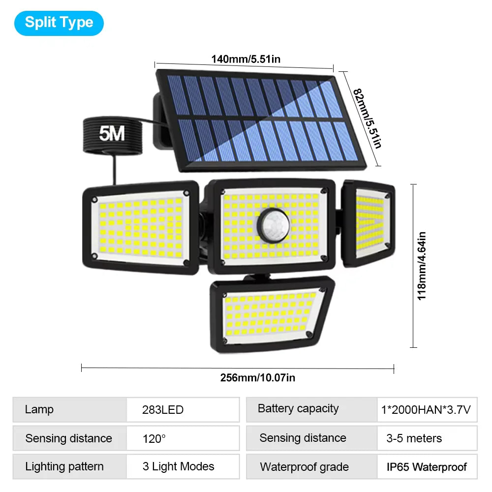 278 LED Solar Motion Sensor Outdoor Flood Light - 3-Head Waterproof Security Wall Lamp for Patio, Yard & Garage