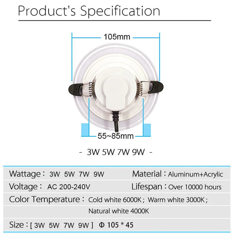 Acrylic Panel LED Downlight - Ultra-Bright Recessed Ceiling Lamp (3W-9W)